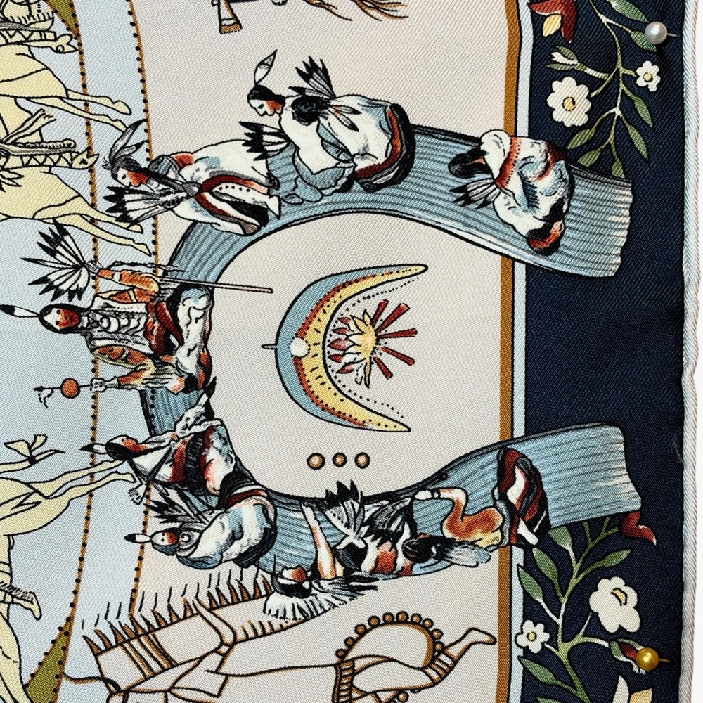 HERMÈS Les Mythologies des Hommes Rouges Scarf 90 Silk Carre with Box - Picture 5 of 12
